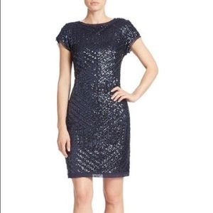 Vince Camuto Navy Cap Sleeve Sequined Sheath Dress